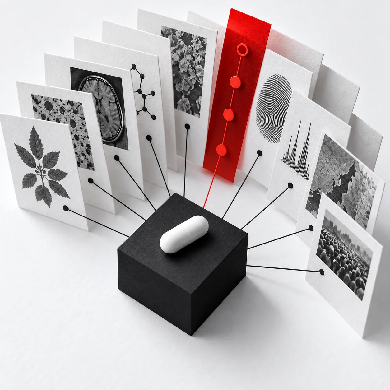 Peel artwork with a white capsule, connected evidence cards, and a translucent red strip.